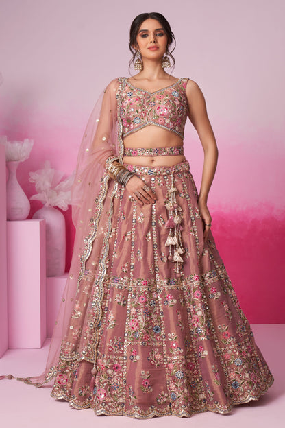 Rose Gold Heavy Net Sequence Worked Wedding Wear Lehenga Choli