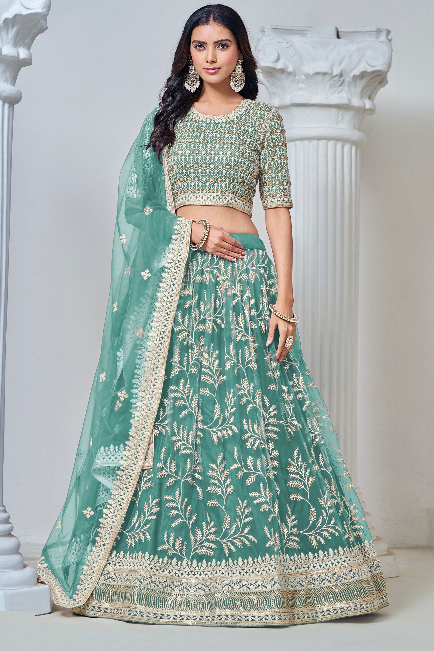 Beautiful Sea Green Heavy Net Thread Worked Wedding Function Wear Lehenga Choli