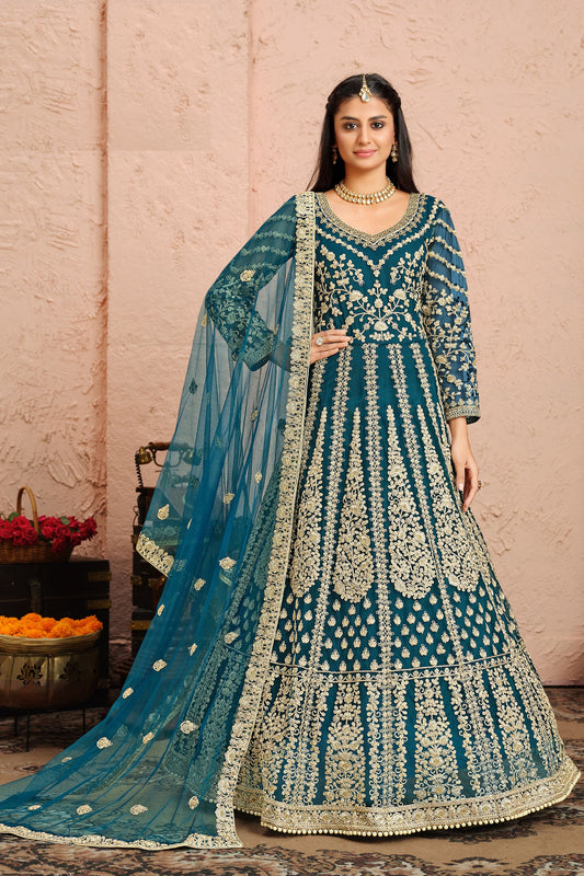 Blue Heavy Net Embroidery Worked Pakistani Wedding & Function Wear Anarkali Gown