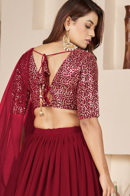 Attractive Red Colored Floral Lehenga Choli In Heavy Georgette With Designer Blouse And Net Dupatta - Marriott Fashion