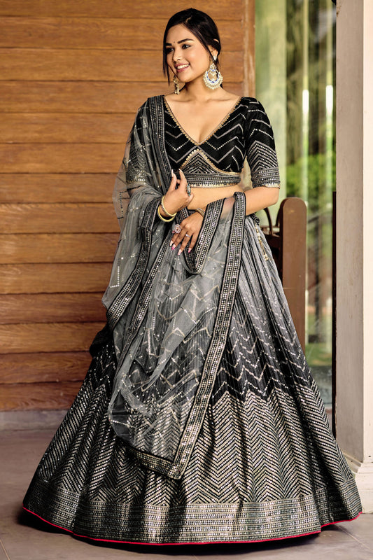 Black Colored Heavy Chinon Lehenga Choli With Embroidery Worked Beautiful Net Dupatta - Marriott Fashion