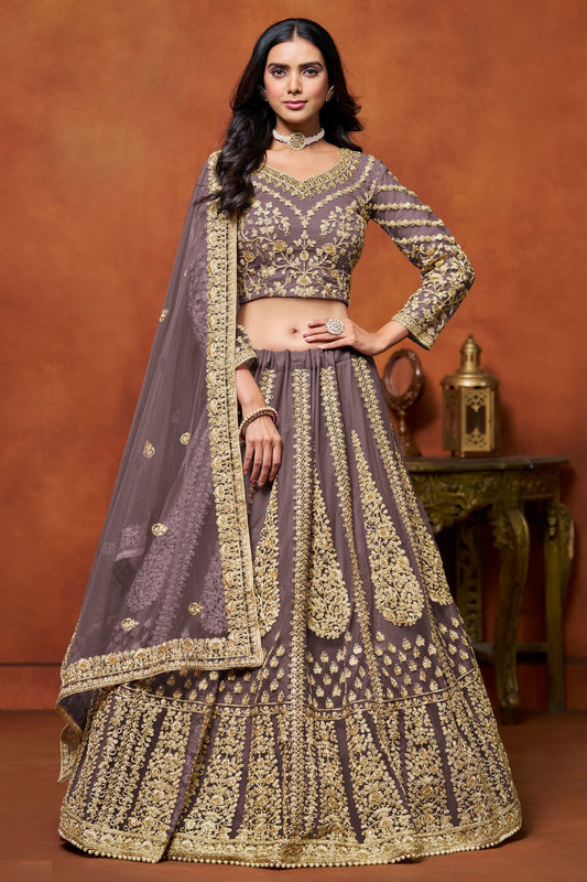 Purple Colored Heavy Net Lehenga With Embroidery & Thread Worked Designer Dupatta - Marriott Fashion