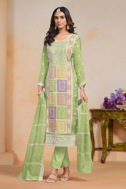 Most Beautiful Pista Colored Salwar Suit In Soft Organza With Embroidery Worked Dupatta , Attractive Salwar Suits - Marriott Fashion