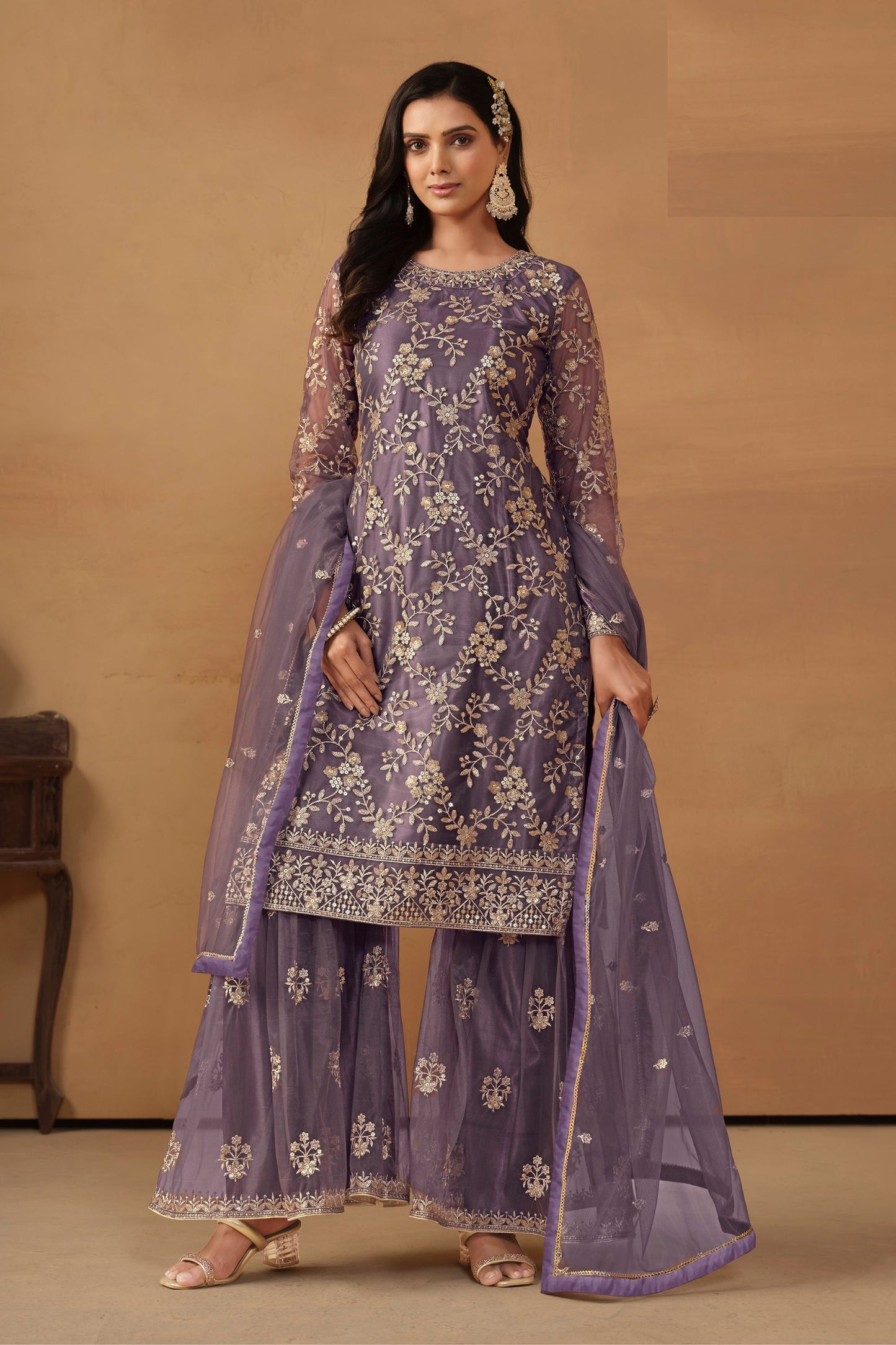 Purple Colored Beautiful salwar Suit In Heavy Net With Embroidery Worked Dupatta, Festival Wear salwar Kameez - Marriott Fashion