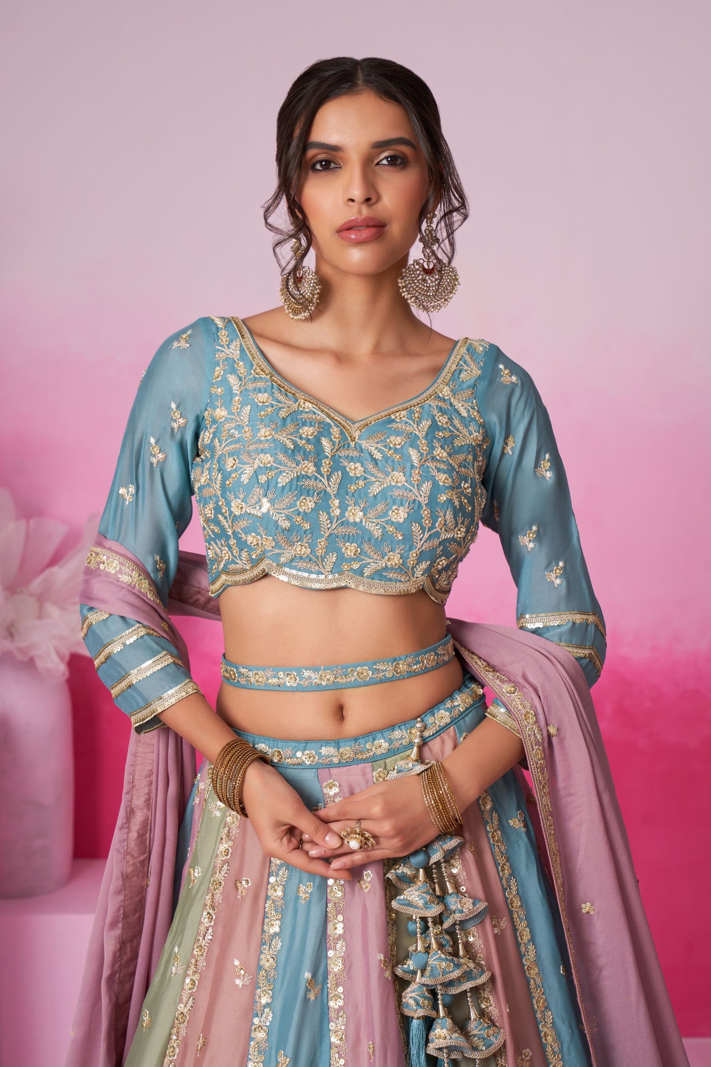 Turquoise Heavy Chiffon Embroidery Worked Wedding Wear Attractive Lehenga Choli