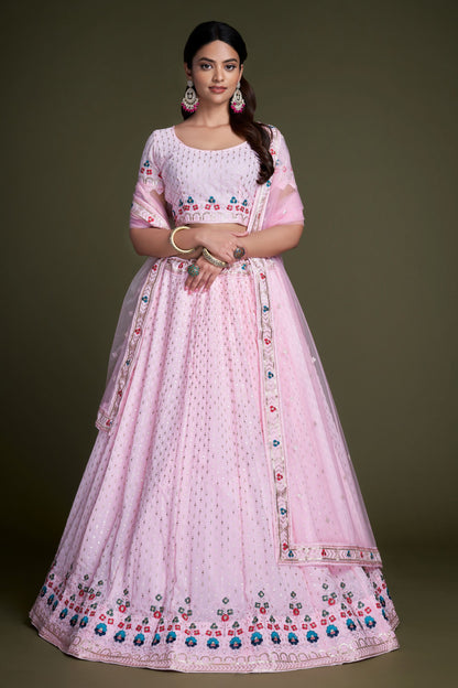 Baby Pink Faux Georgette Lehenga Choli With Embroidery & Sequence Worked Dupatta, Floral Outfit Wear Trendy Lehenga Choli - Marriott Fashion