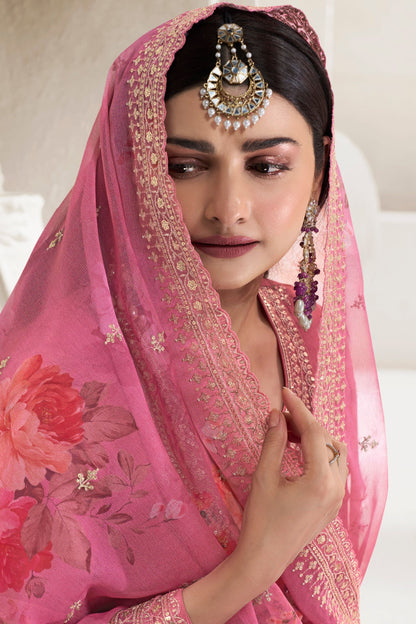 Pink Colored Chinon Salwar Suit, Same Colored Palazzo With Beautiful Dupatta , Embroidery And Multi Thread Worked Dresses - Marriott Fashion