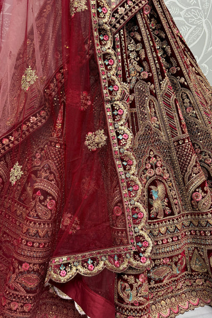 Cherry Red Heavy Velvet Thread& Diamond Worked Indian Wedding Wear Lehenga Choli