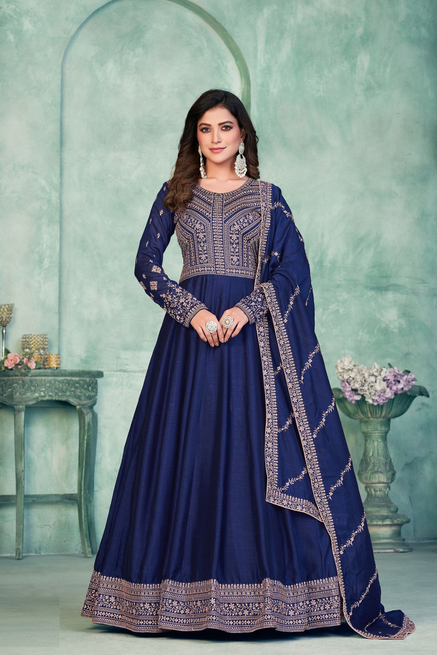 Blue Art Silk Heavy Embroidery Worked Wedding& Festival Wear Long Salwar Kameez