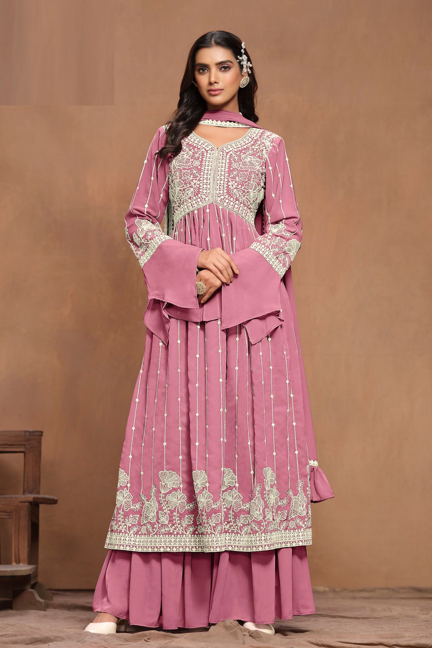 Pink Faux Georgette Embroidery Worked Wedding & Festival Wear Sharara Suits