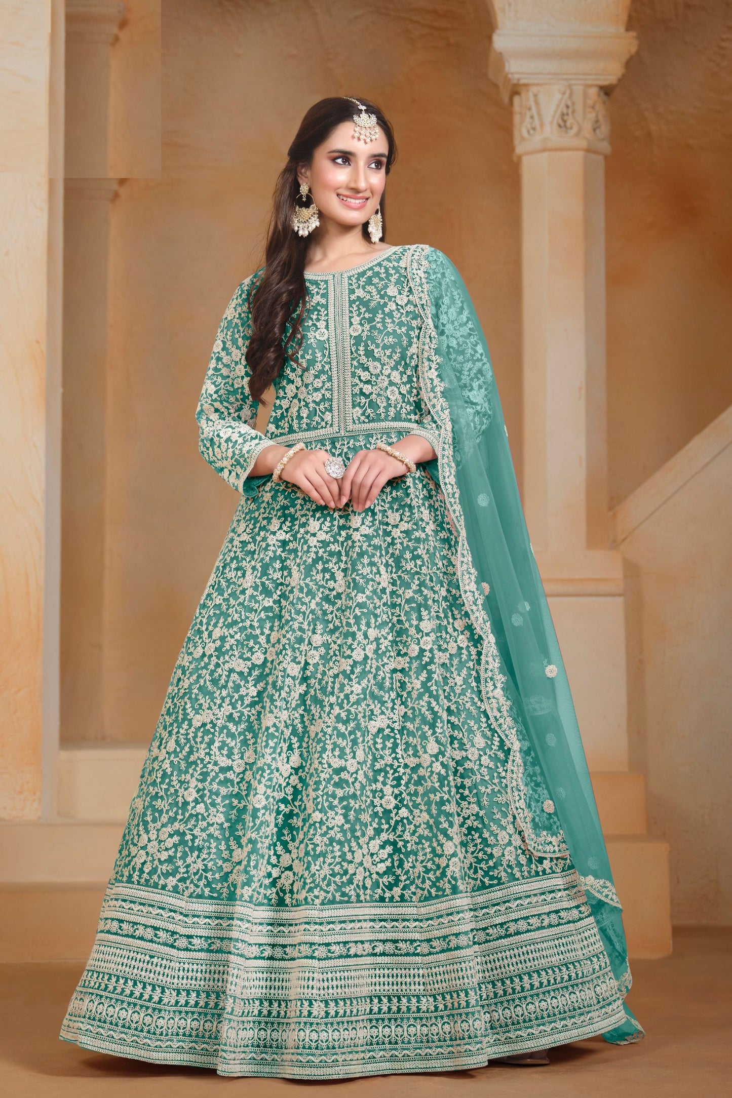 Sea Green Colored Heavy Net Anarkali Gown , Wedding & Reception Outfit Wear Pakistani Salwar Kameez - Marriott Fashion