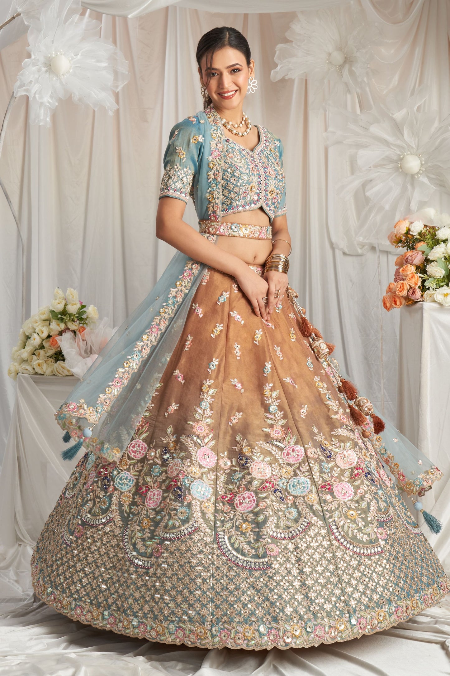 Turquoiseblue Tissue Silk Moti& Embroidery Worked Wedding Function Wear Lehenga Choli