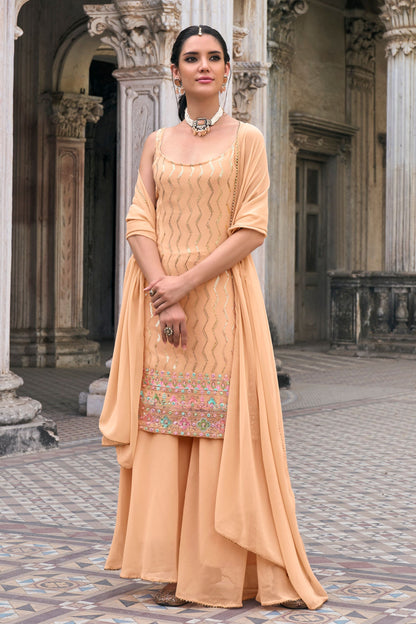 Fancy Peach Ready Made Outfit Wear Faux Georgette Sharara Suits With Designer Dupatta , Festival Wear Fancy Dresses For Women/ Girls - Marriott Fashion