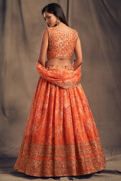 Orange Printed Organza Sequence And Zari Worked Indian Wedding & Festival Wear Lehenga Choli