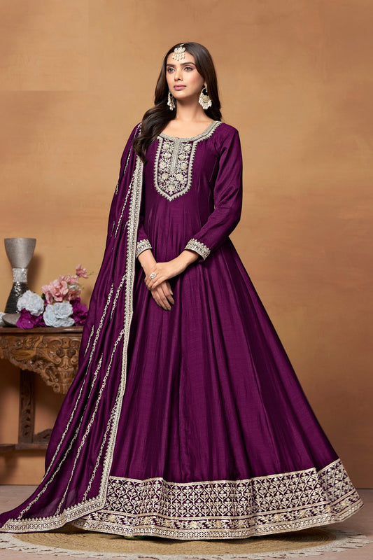 Wine Colored Art Silk Anarkali Gown With Heavy Embroidery Worked Dupatta, Wedding Wear Dresses - Marriott Fashion