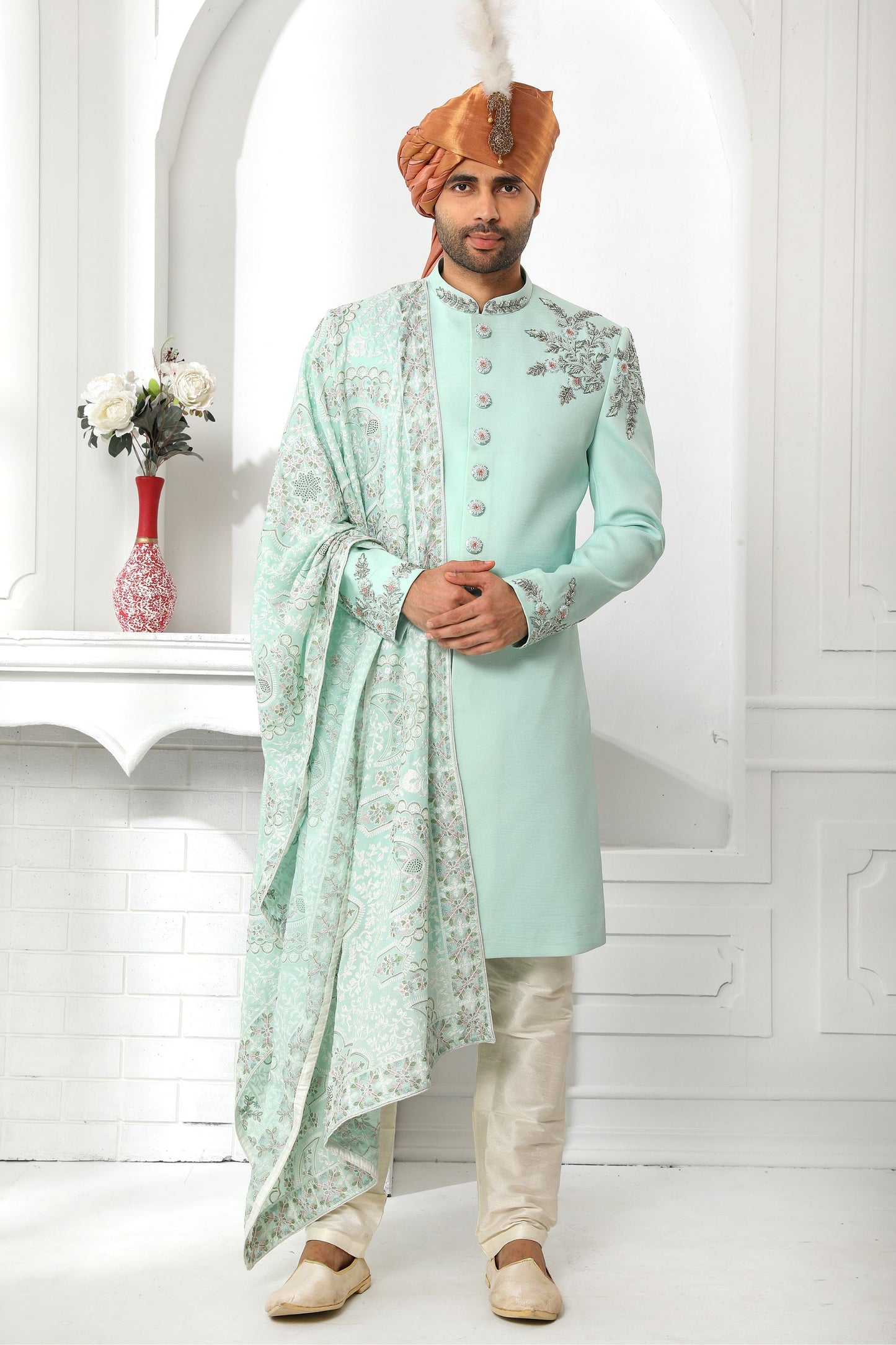 Designer Cream Heavy Art Silk Embroidery Worked Wedding & Festival Wear Sherwani