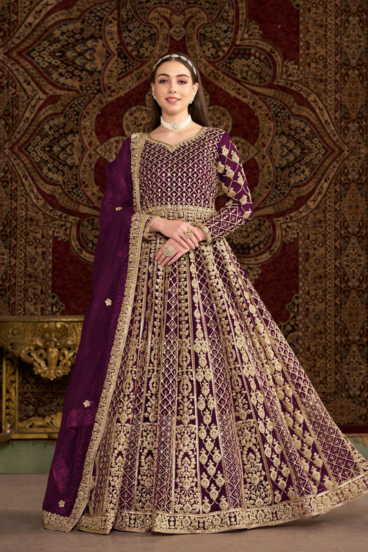 Purple Heavy Net Wonderful Embroidery Worked Pakistani Wedding Wear Anarkali Gown