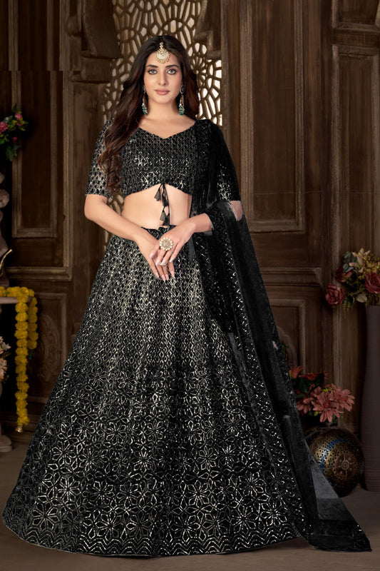 Black Heavy Net Sequence Worked Wedding Function Wear Lehenga Choli