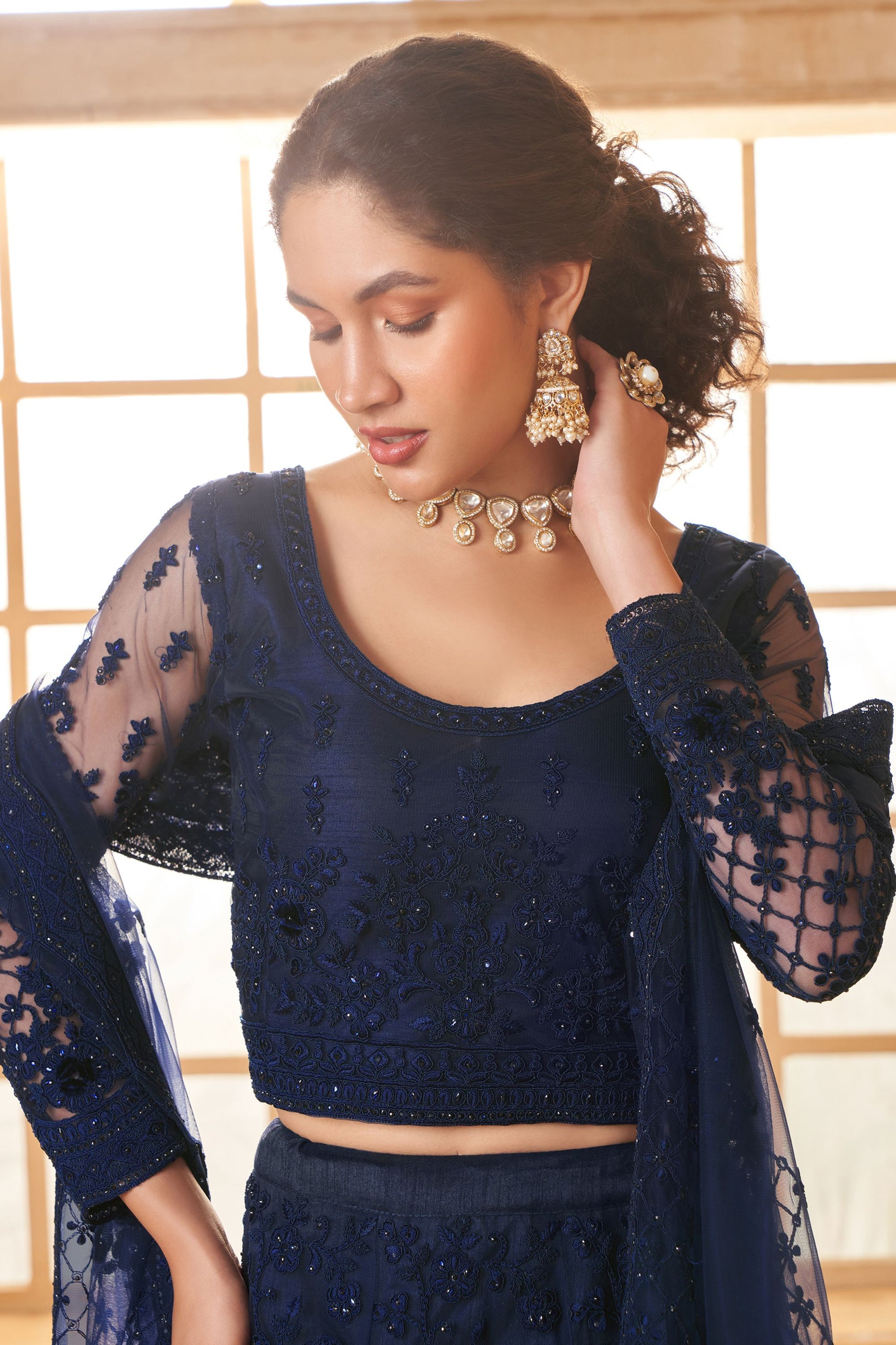 Blue Colored Fancy Net Lehenga Choli With Stone Worked Blouse And Designer Net Dupatta - Marriott Fashion