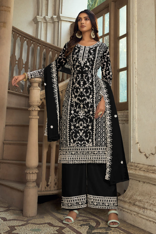 Black Heavy Butterfly Net Embroidery Worked Festival Wear Palazzo Suits