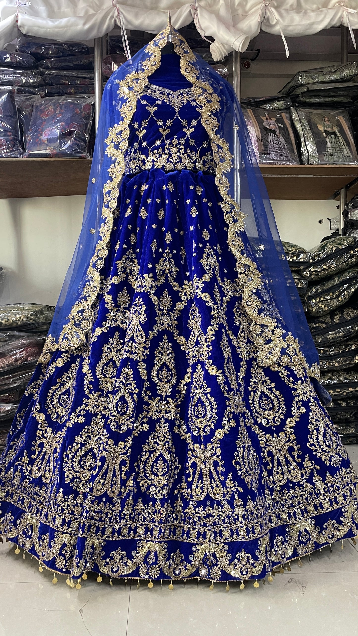 Blue Colored Heavy Velvet Designer Bridal Wear Lehenga Choli With Soft Net Dupatta, Embroidery & Sequence Worked Lehenga Choli - Marriott Fashion