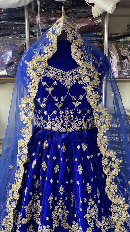 Blue Colored Heavy Velvet Designer Bridal Wear Lehenga Choli With Soft Net Dupatta, Embroidery & Sequence Worked Lehenga Choli - Marriott Fashion