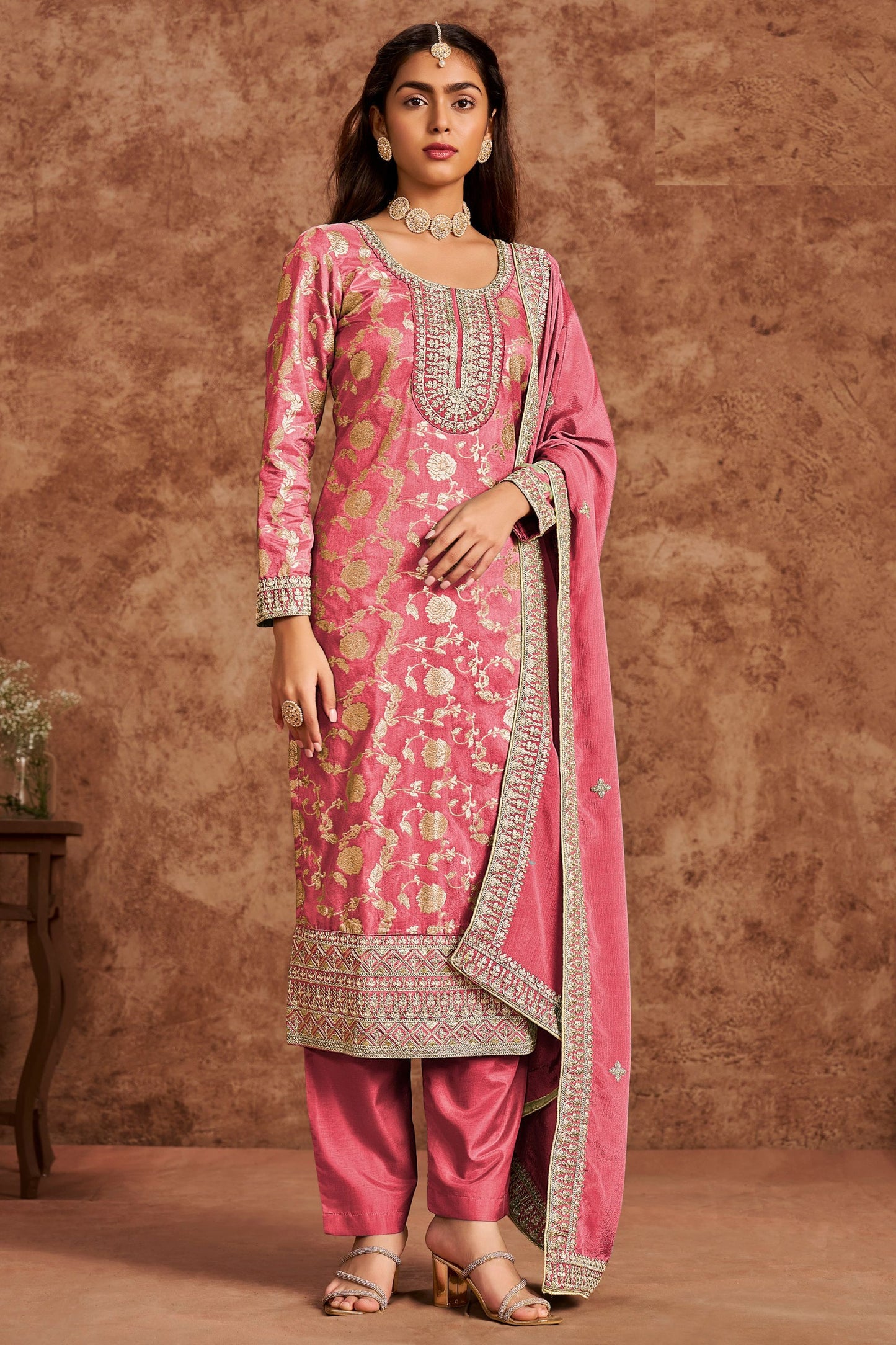 Pink Dola Silk Jacquard Festival Wear Salwar Suits