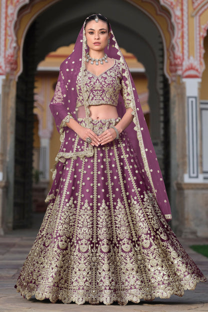 Purple Butterfly Net Embroidered Wedding Wear Lehenga Choli 