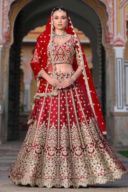 Red Heavy Butterfly Net Embroidery Worked Lehenga Choli