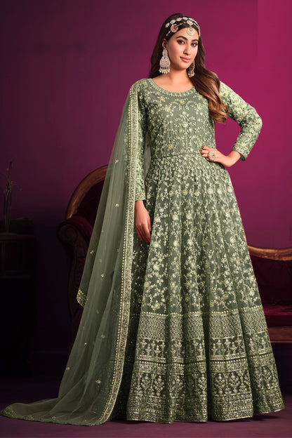 Mint Green Beautiful Long Salwar Suit In Heavy Net With Dupatta, Ready To Wear Outfit Anarkali Gown - Marriott Fashion