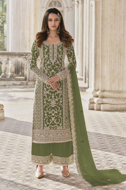 Mehendi Green Butterfly Net Salwar Kameez With Stone Worked Designer Embroidered Dupatta Salwar Kameez - Marriott Fashion