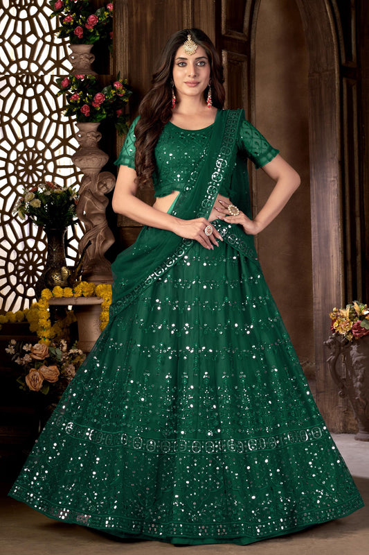 Green Heavy Net Sequence Worked Wedding And Party Wear Lehenga Choli