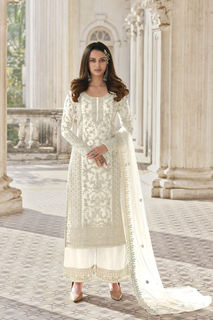 Pakistani Outfit Wear White Colored Butterfly Net Salwar Suits With Embroidery Worked Designer Dupatta - Marriott Fashion