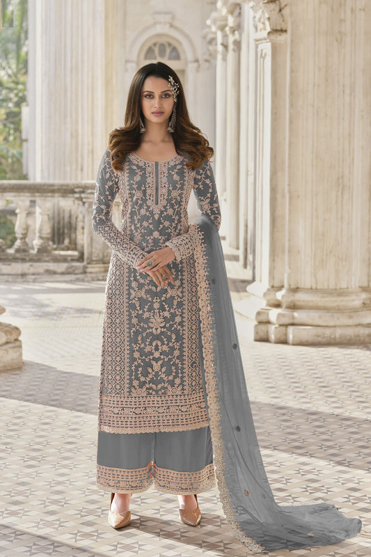 Grey Colored Pakistani Salwar Kameez For Women with Santoon Bottom With Heavy Net Dupatta - Marriott Fashion