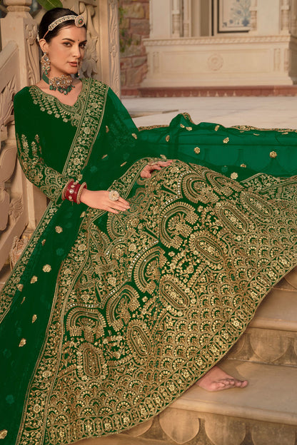 Green 9000 Velvet Embroidery Worked For Indian Wedding & Festival Anarkali Gown