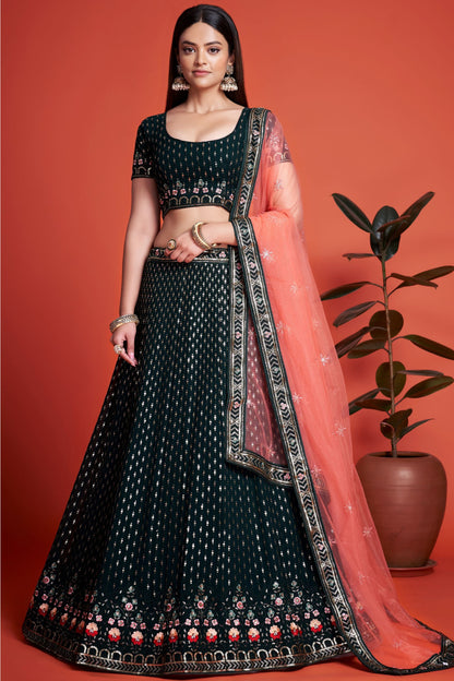 Attractive Dark Green Designer Lehenga with Butterfly Net Dupatta For Indian Wedding and Festival Wear Lehenga Choli And Sequence & Embroidery Work Lehenga Choli - Marriott Fashion