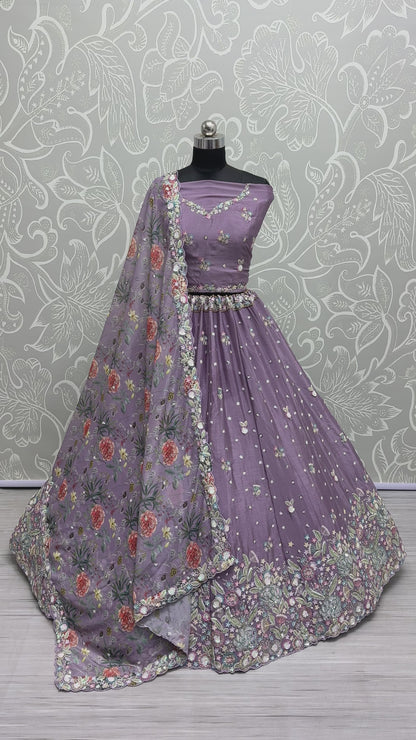 Purple Colored Most Beautiful Chinon Lehenga With Embroidery Worked Georgette Dupatta, Engagement Wear Lehenga choli