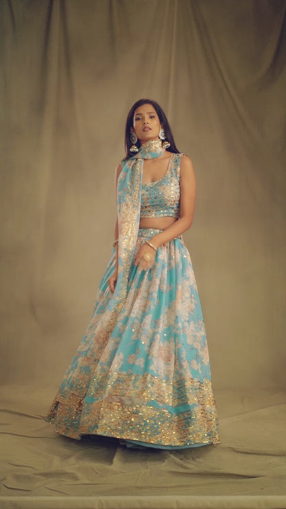 Sky Blue Printed Organza Sequence And Zari Worked Indian Wedding & Festival Wear Lehenga Choli