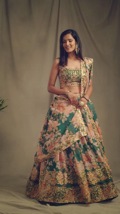 Green Printed Organza Sequence And Zari Worked Indian Wedding & Festival Wear Lehenga Choli